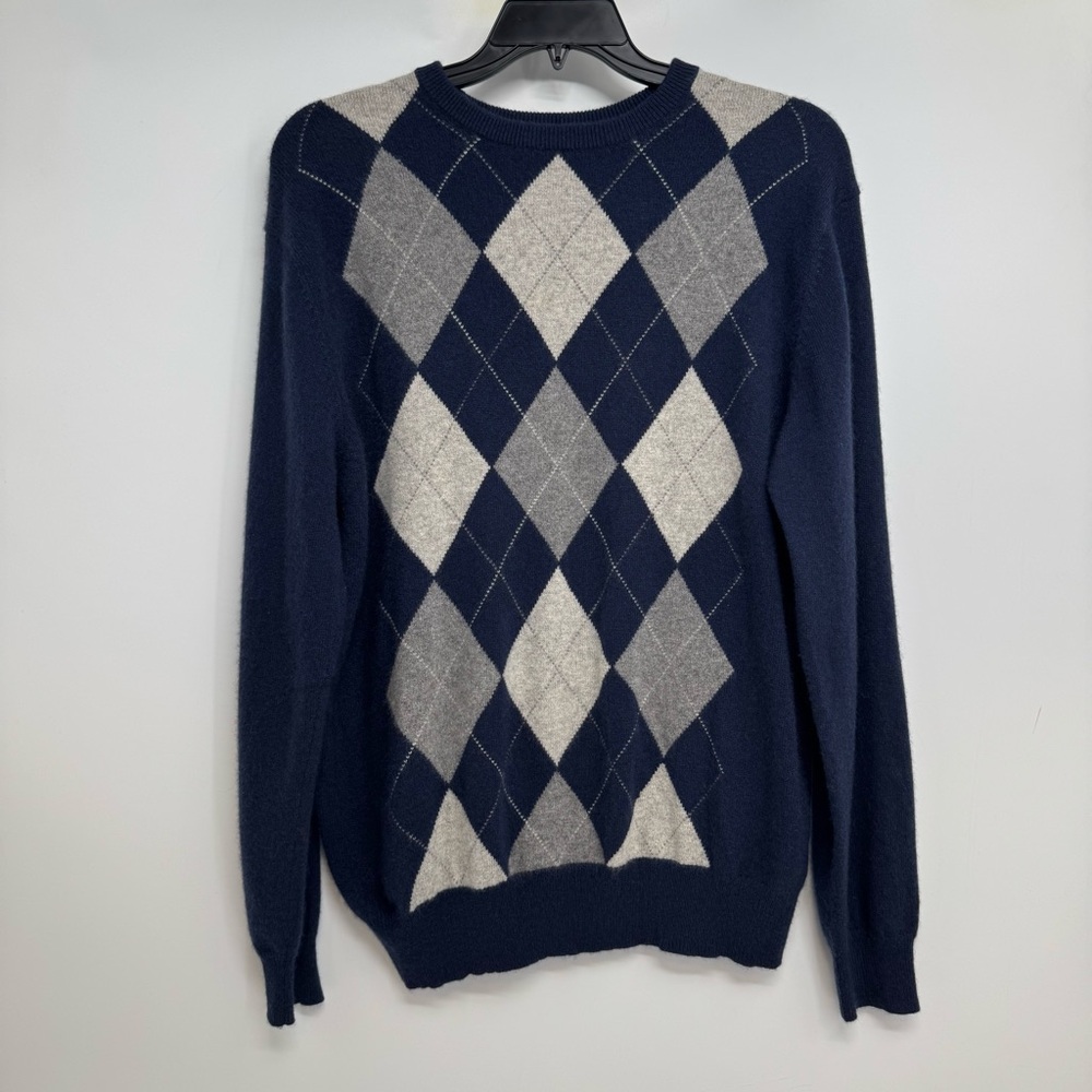 Daniel Bishop Men’s Large Sweater 2 Ply Cashmere Argyle Crew Neck Pullover Blue